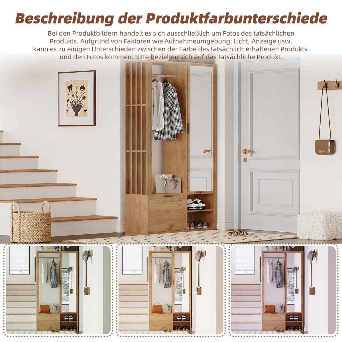 KLEIDERSCHRANK 6-in-1 mit Spiegel, & Wäscheständer Holzfarbe - Naturfarben, Holzwerkstoff (100/190/33cm) - Urban Meuble