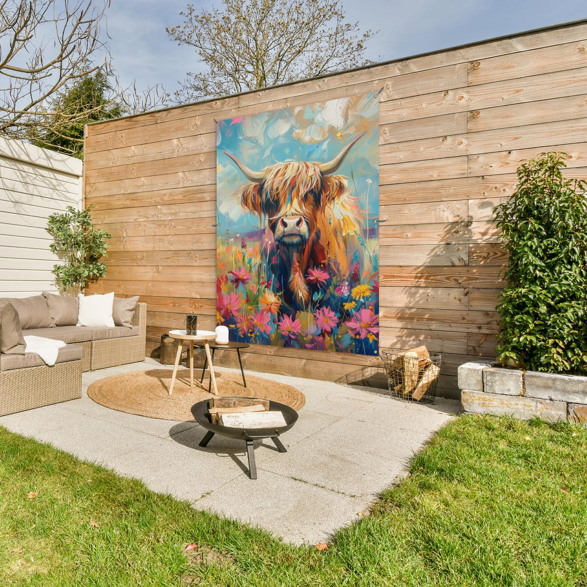 GARTENPOSTER Schottische Hochländer - Natur - Farbenfroh - Blumen Gartendekoration 120x160 cm - Hellblau, Kunststoff (120/160/0.2cm) - OnlyWow