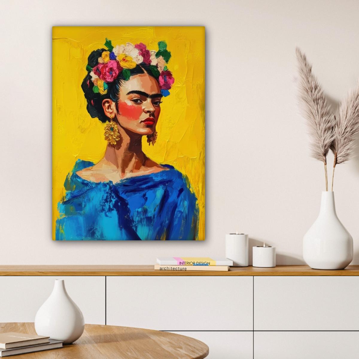 LEINWANDBILD Frida Kahlo - Frau - Gelb - Blau - Blumen Wandbild Wohnzimmer 60x80 cm - Gelb, Textil (60/80cm) - MuchoWow