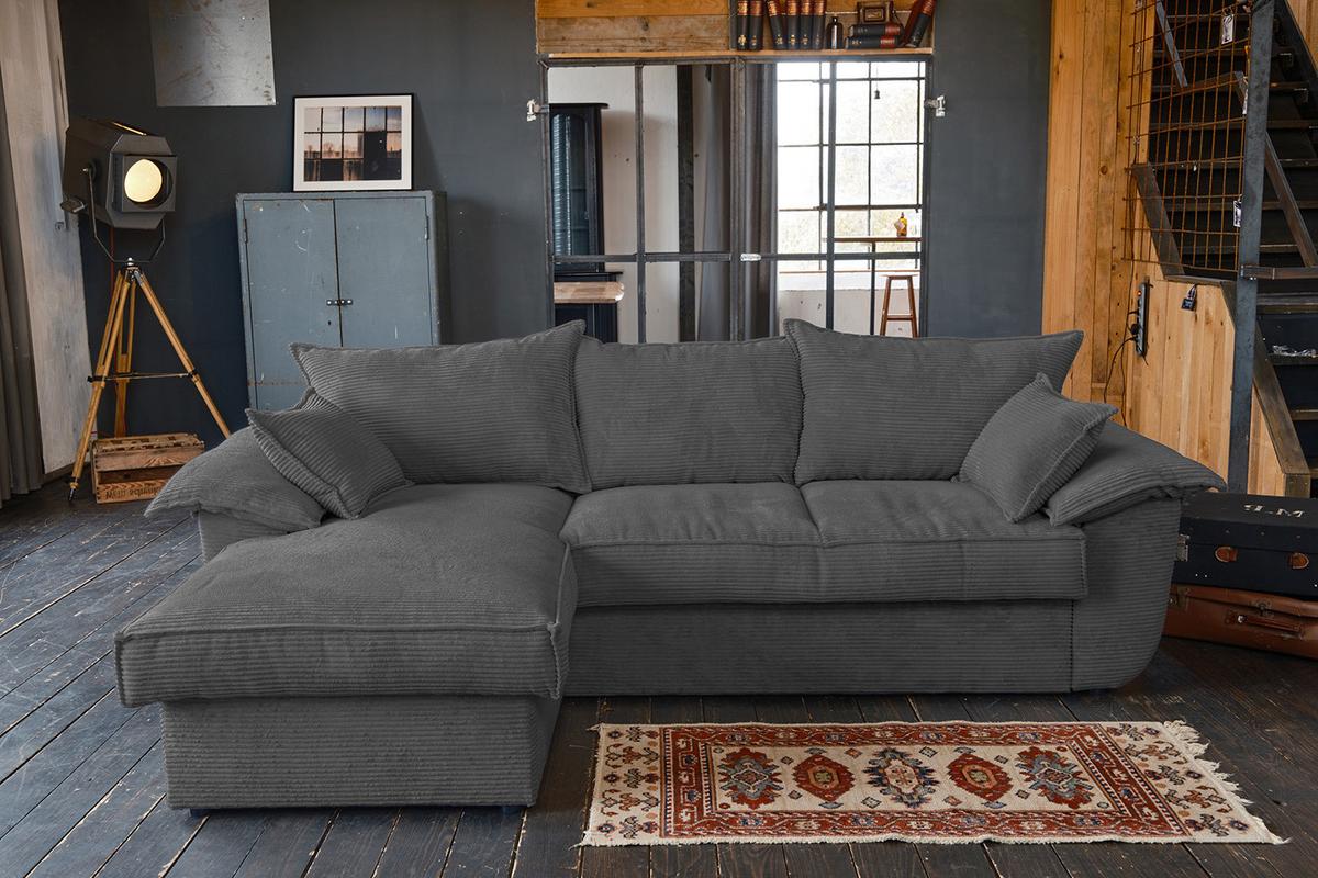 ECKSOFA DAMETO Grau Cord Mit Schlaffunktion - Schwarz/Grau, Kunststoff/Textil (266/174cm) - KAWOLA