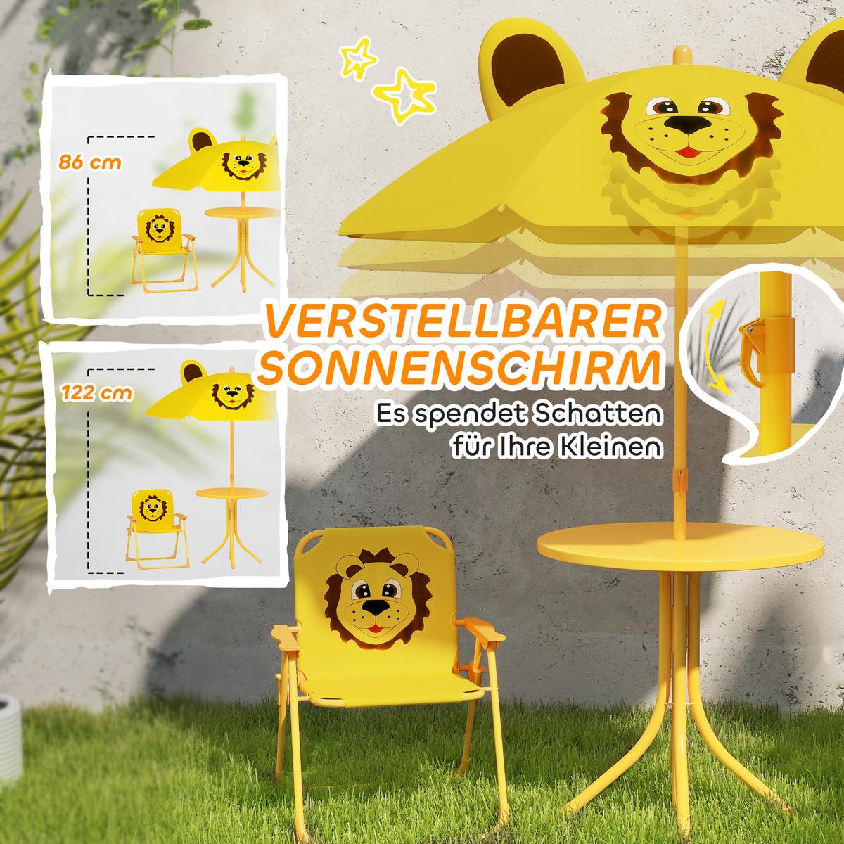 4 tlg. Kindersitzgruppe Garten Kindersitzgarnitur mit Sonnenschirm Klappstühle - Gelb, Metall - AIYAPLAY