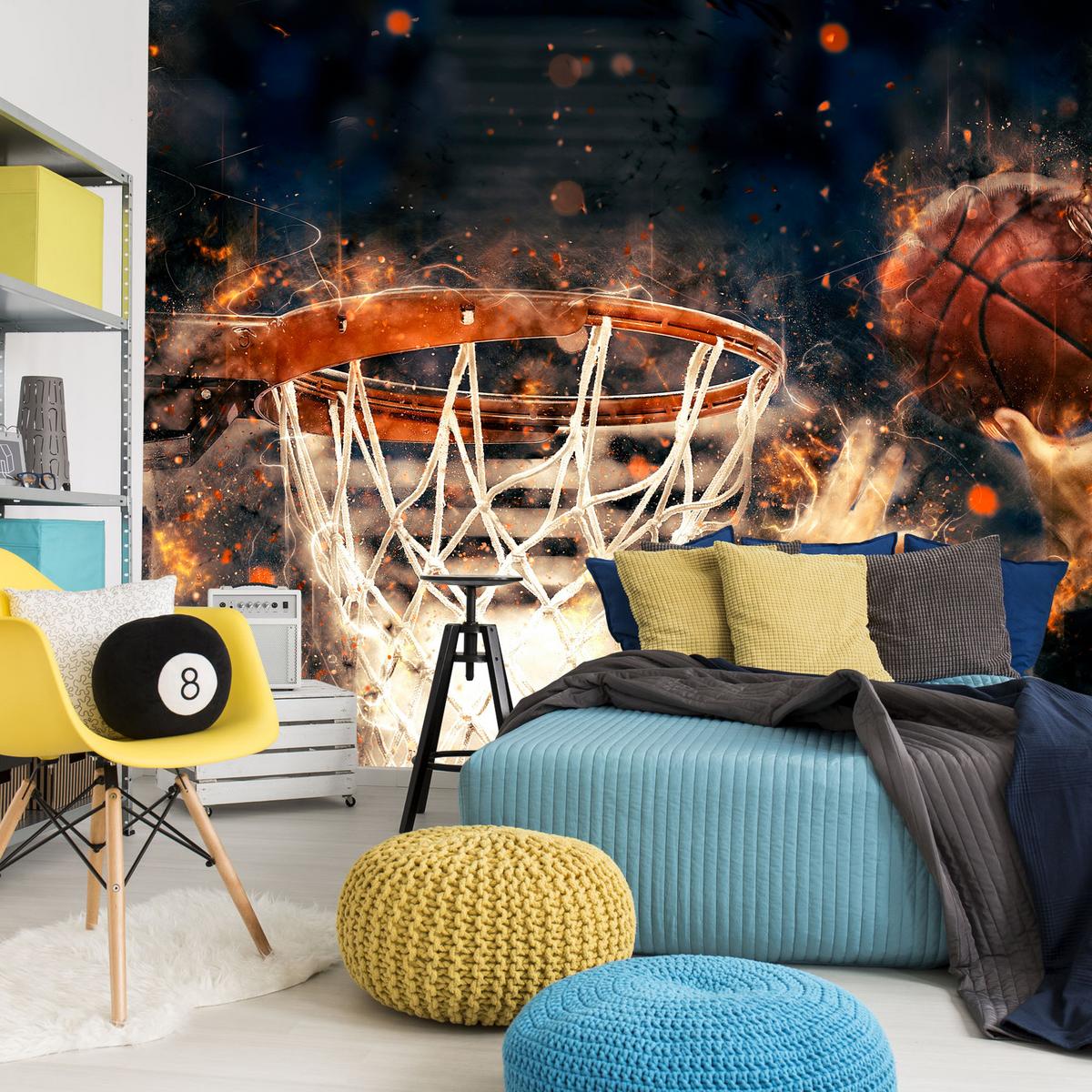 FOTOTAPETE für Jugendzimmer Aquarell Basketball Dunk Sport 400x280 - Beige/Schwarz, Papier (400/280cm) - Muralo