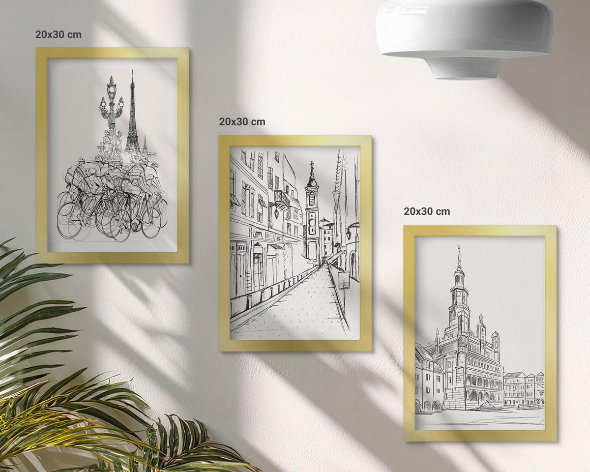BILDER SET 3er Set - 20x30 cm Goldrahmen - Einfache Zeichnungen von Stadtlandschaften - Goldfarben, Kunststoff (20/30cm) - TULUP
