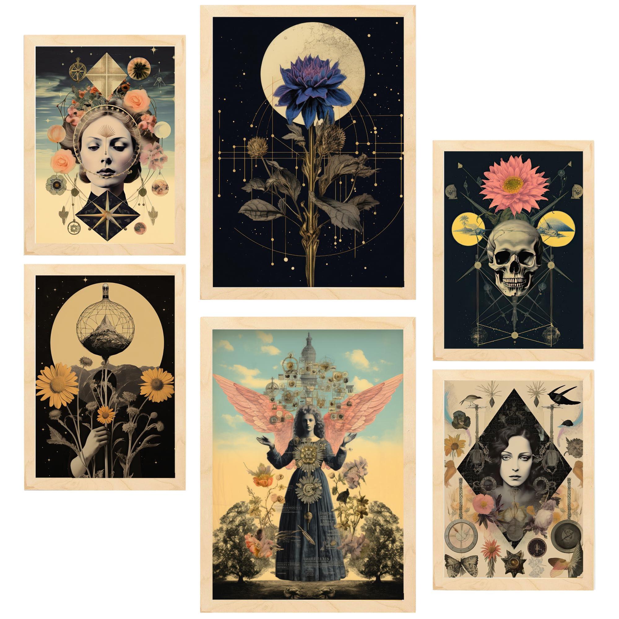POSTER Set Mit 6 Floralen Mystischen Esoterischen A3 & A4 Rahmen Aus Hellem Holz - Beige, Papier (29/3cm) - Nacnic