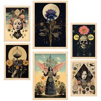 POSTER Set Mit 6 Floralen Mystischen Esoterischen A3 & A4 Rahmen Aus Hellem Holz - Beige, Papier (29/3cm) - Nacnic