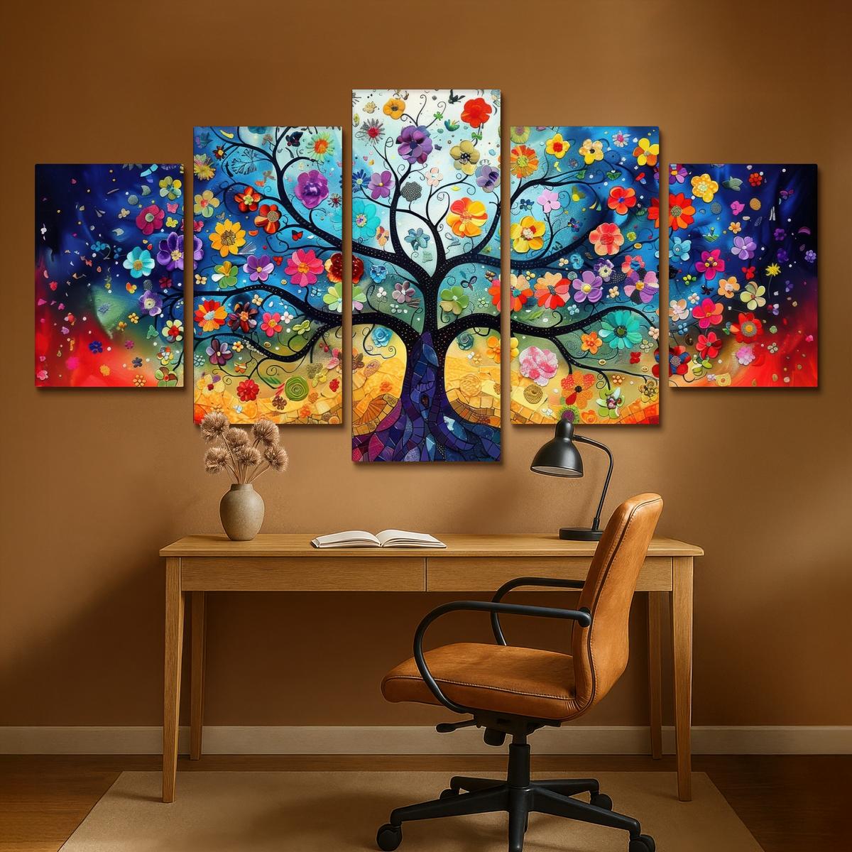 LEINWANDBILD 5er Set Bunt - Baum des Lebens - Blumen - Abstrakt 200x100 cm - Blau, Textil (200/100cm) - MuchoWow