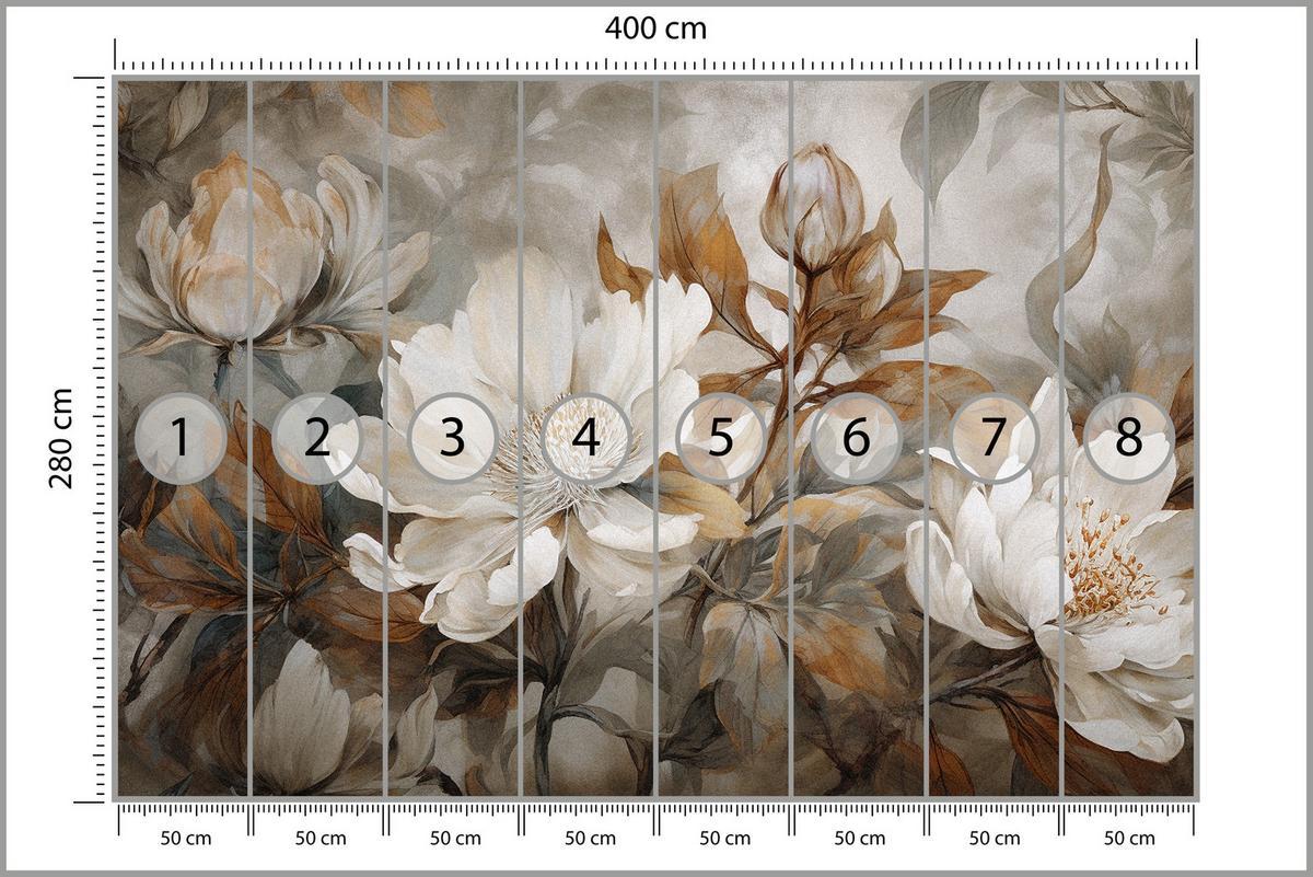 FOTOTAPETE für Wohnzimmer Blätter Abstrakte Blüten Pflanzen Retro 400x280 - Grau, Papier (400/280cm) - Muralo