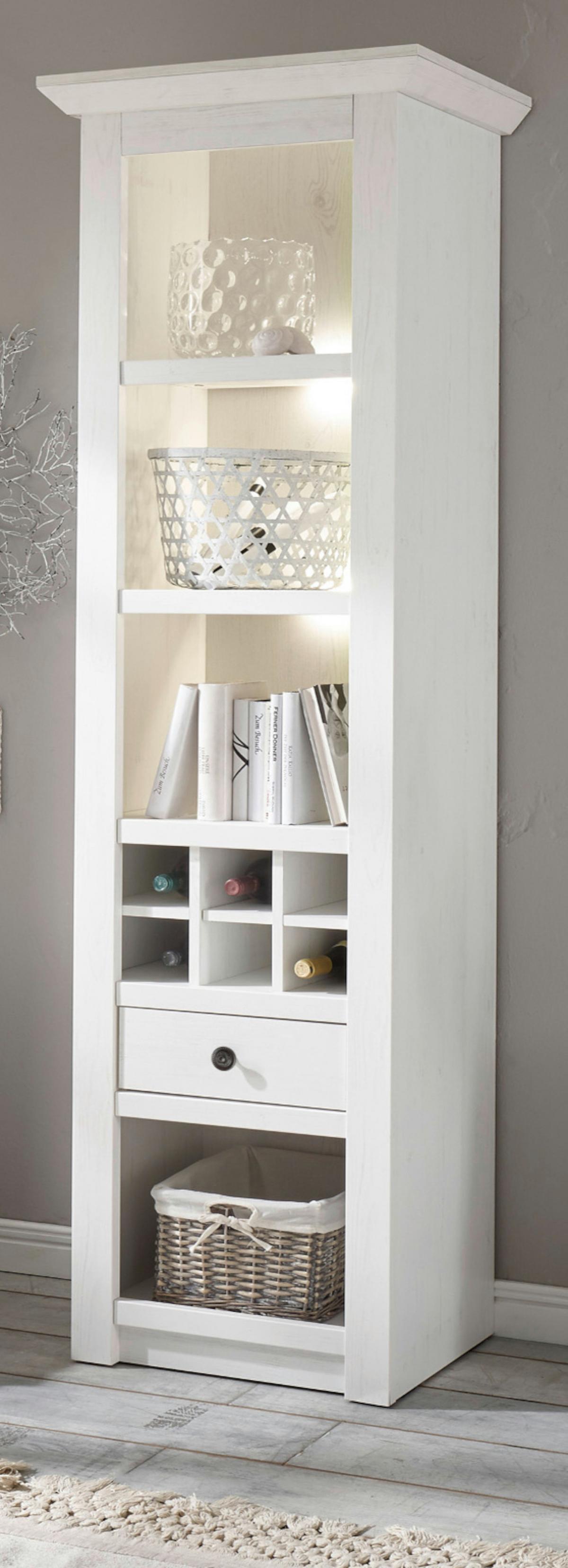 REGAL weiß Pinie 58 x 207 cm Landhaus, Vitrine mit Weinregal - Schwarz/Weiß, Holzwerkstoff/Metall (58/207/45cm) - Furn.Design