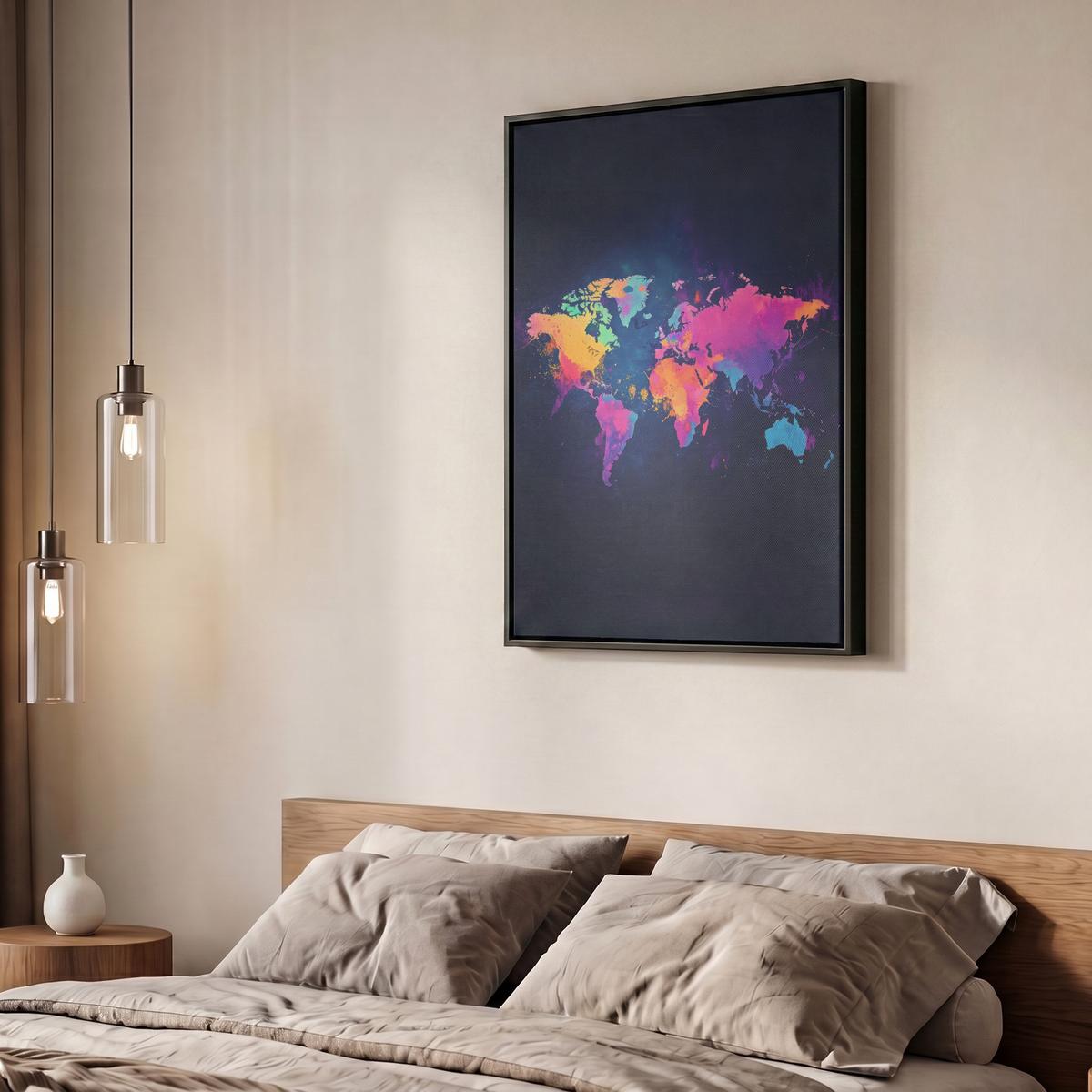LEINWAND Bilder mit Rahmen - Weltkarte - Bunt - Graffiti - 60x80 - Multicolor, Textil (60/80cm) - MuchoWow
