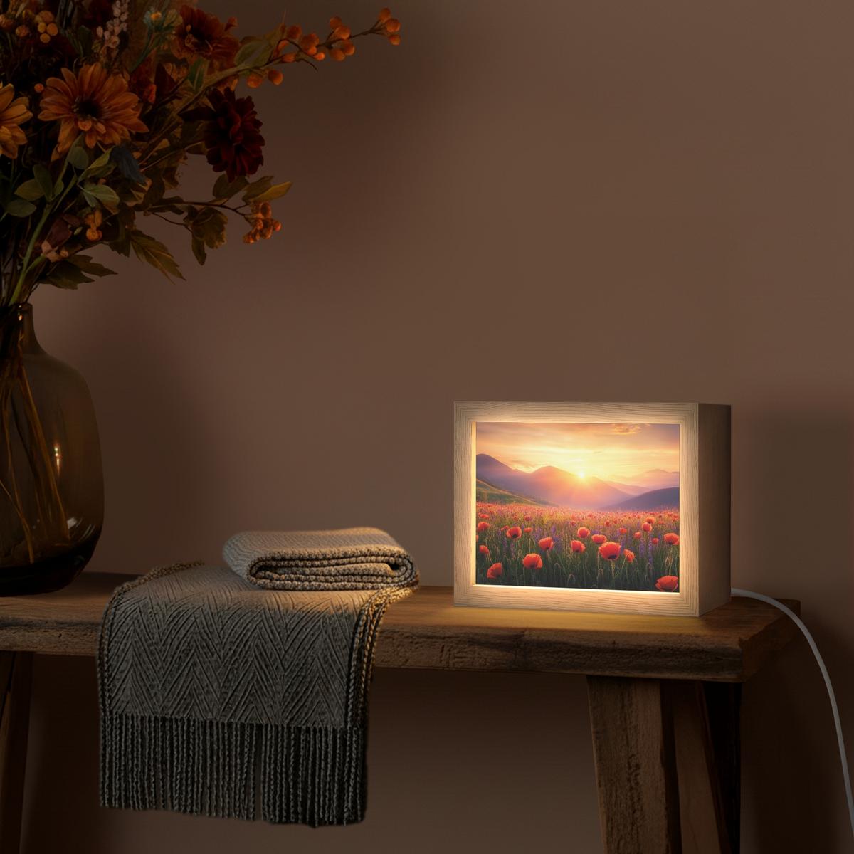 TISCHLEUCHTE Landschaft - Sonnenuntergang - Blumenfeld 20x15 cm - Dunkelblau, Holzwerkstoff (8/20/15cm) - OnlyWow