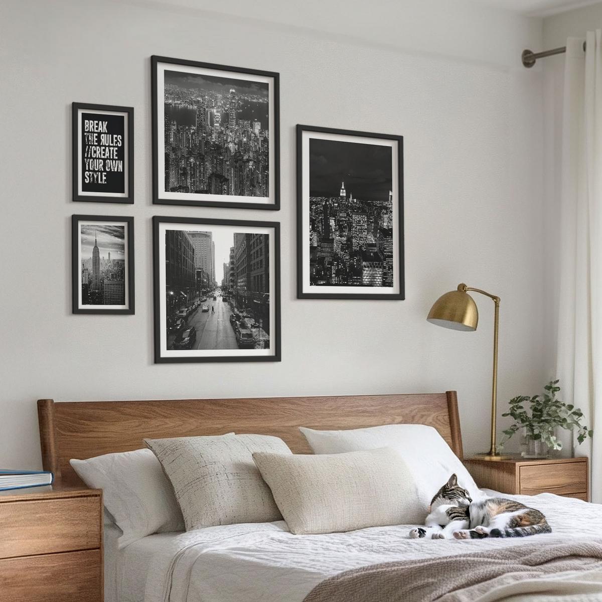 BILDER SET 5er Set - 50x50 cm & 20x30 cm & 40x60 cm Schwarzer Rahmen - Inspiration für Schwarz-Weiß-Darstellungen von Stadtstraßen - Schwarz, Kunststoff (40/60cm) - TULUP