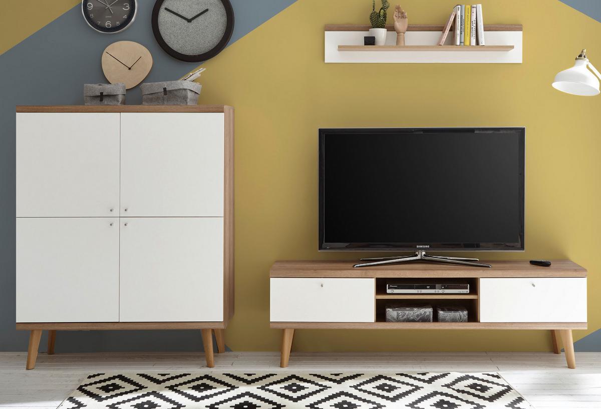 WOHNWAND weiß Eiche Riviera, Schrankwand skandinavisch 3-teilig 277 x 160 cm - Eichefarben/Weiß, Holzwerkstoff/Metall (277/160/40cm)