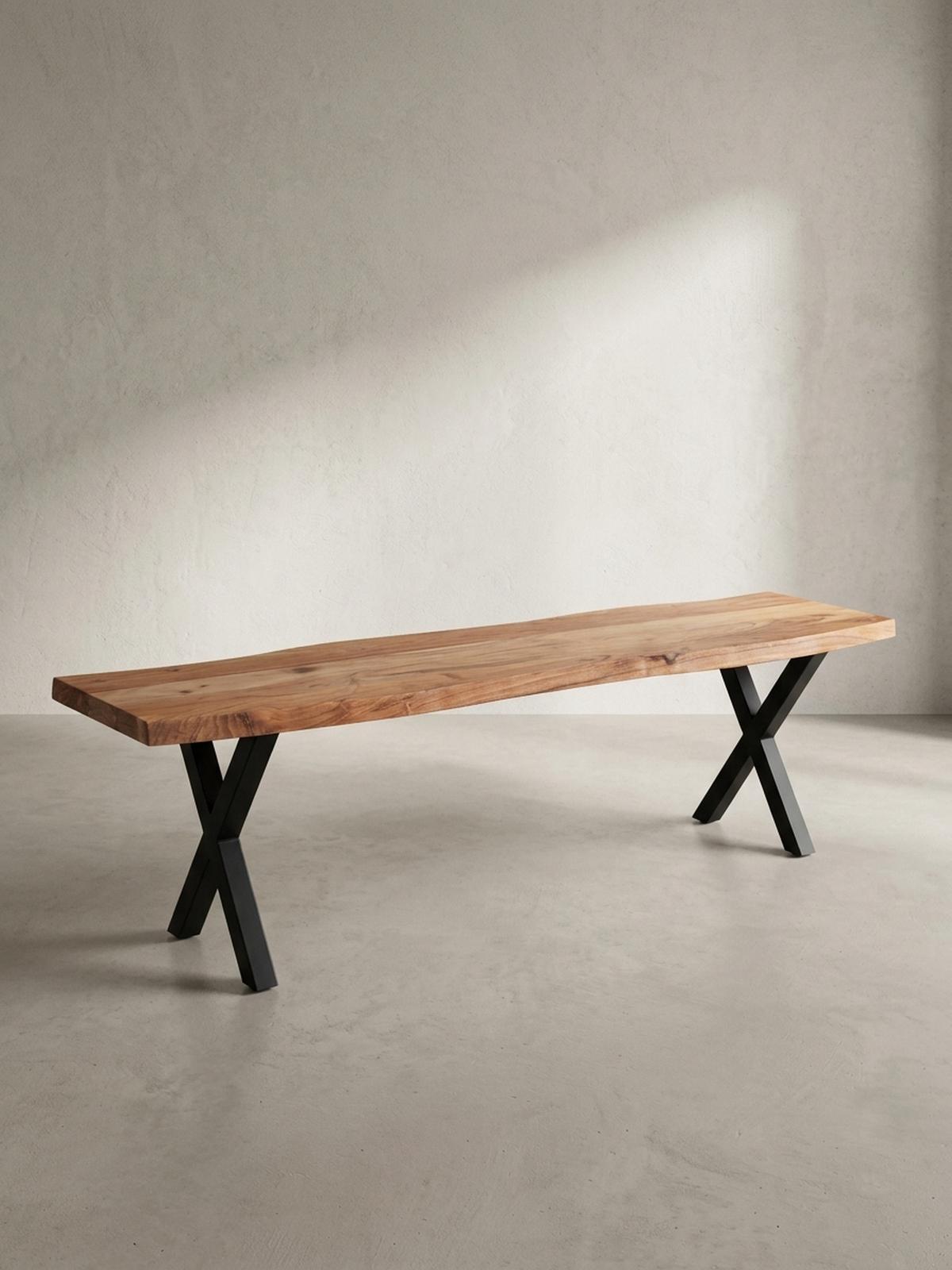 ESSZIMMERBANK Massivholz Metall Baumkante X-Beine, Akazie 160x40x46 cm - Schwarz/Braun, Holz/Metall (160/46/40cm) - KADIMA DESIGN