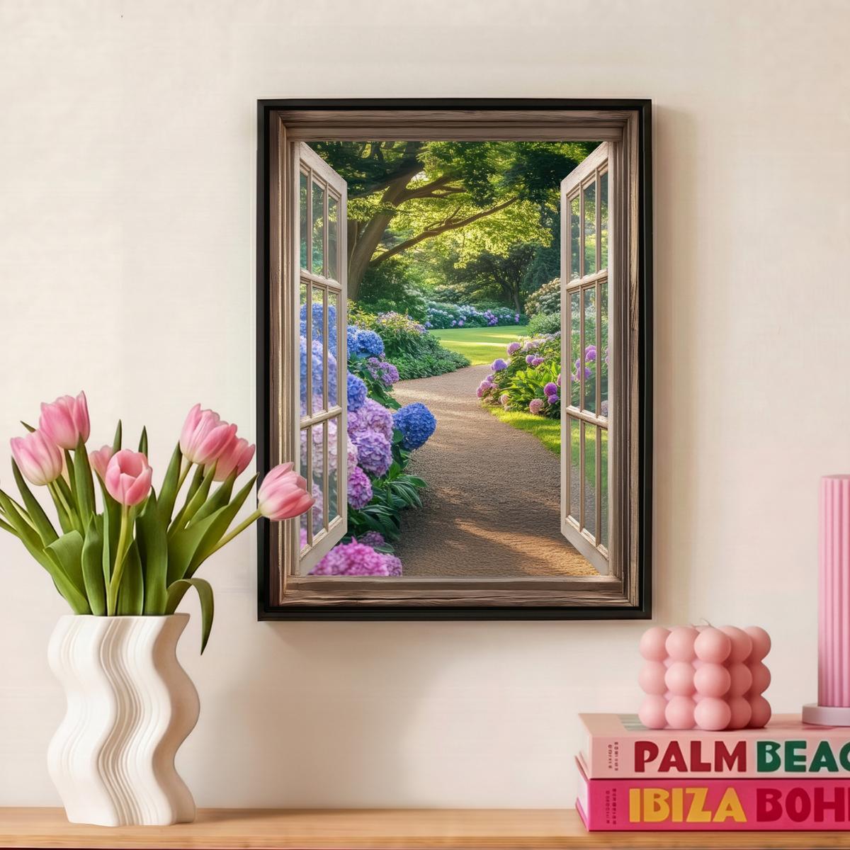 LEINWAND Bilder mit Rahmen - Aussicht - Garten - Fenster - Hortensie - Blumen - 30x40 - Pastellblau, Textil (30/40cm) - MuchoWow