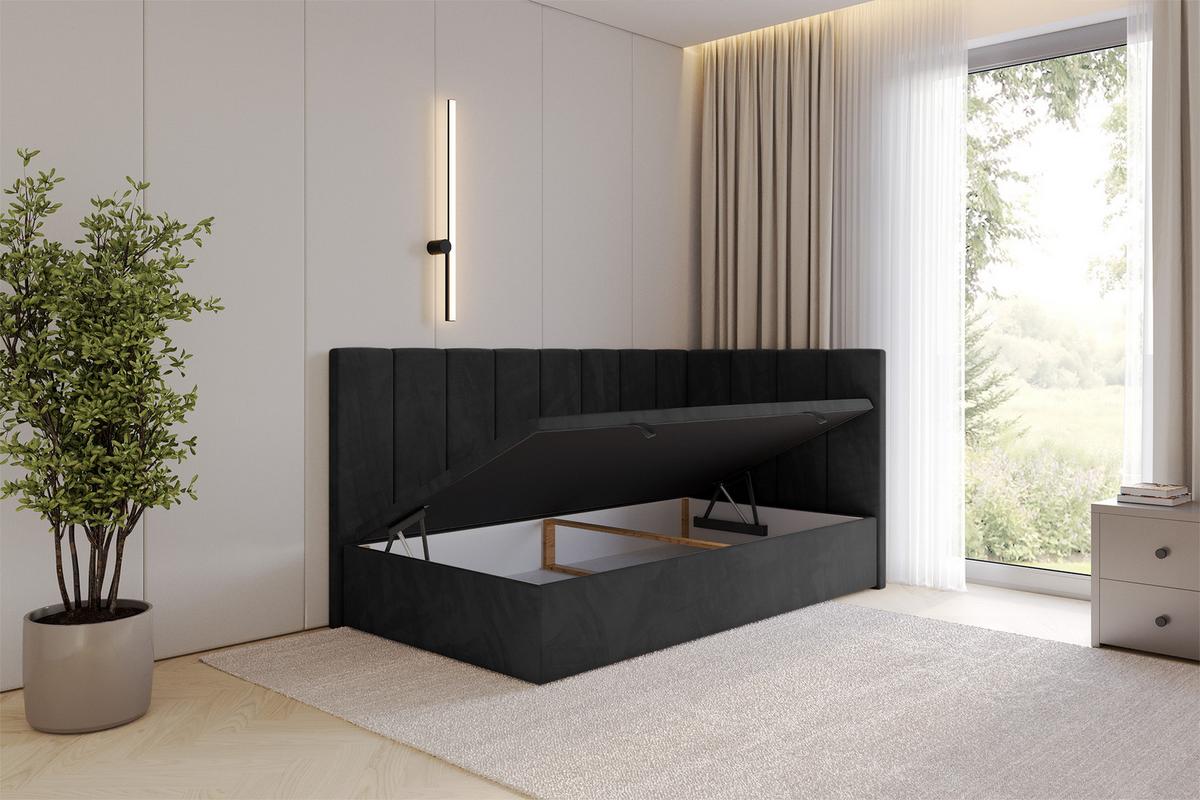 EINZELBETT Jugendbett mit Bettkasten Links, ohne Matratze - LOVY 90x200 Schwarz - Schwarz, Holzwerkstoff/Textil (90/200cm) - ALTDECOR