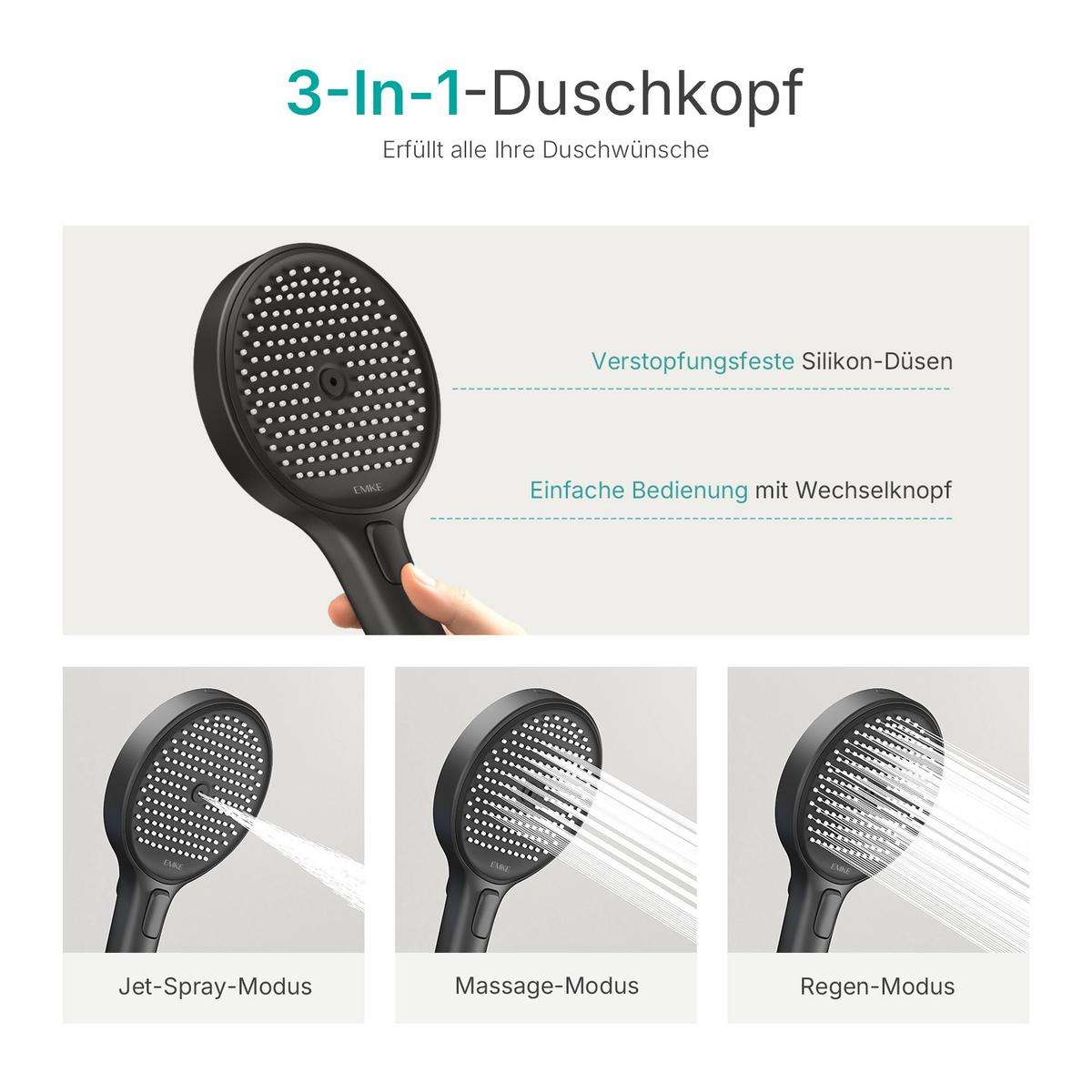 ÜBERKOPFBRAUSESET mit Handbrause Thermostat Vielseitig Schwarz - Schwarz, Metall (40/113/58cm) - EMKE