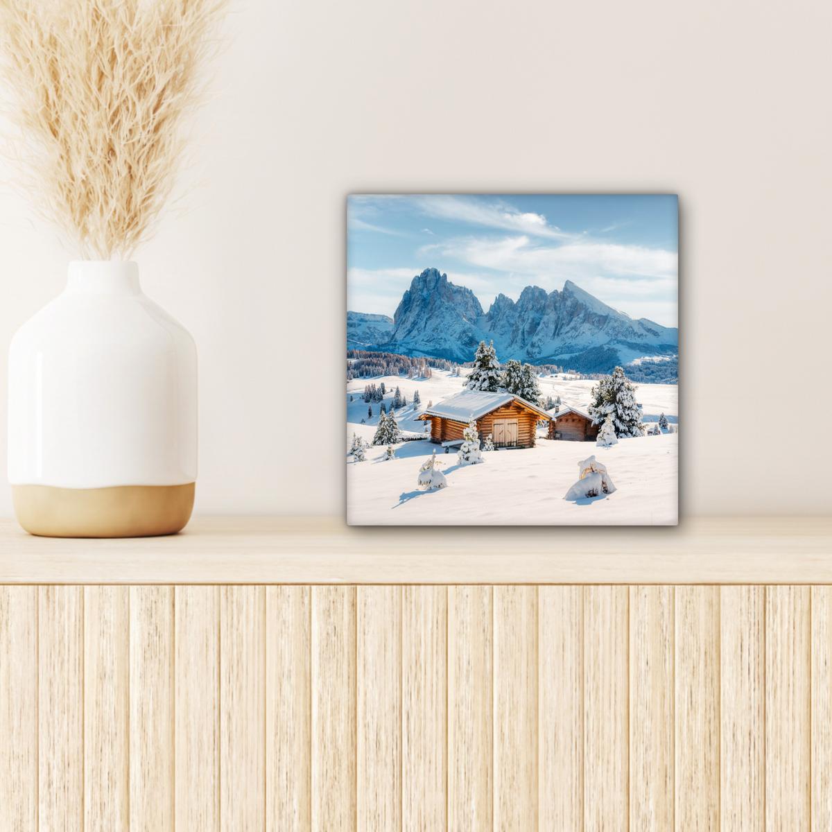 LEINWANDBILD Winter - Hütte - Berge - Aussicht - Schnee Deko Wohnzimmer 20x20 cm - Eichefarben, Textil (20/20cm) - MuchoWow