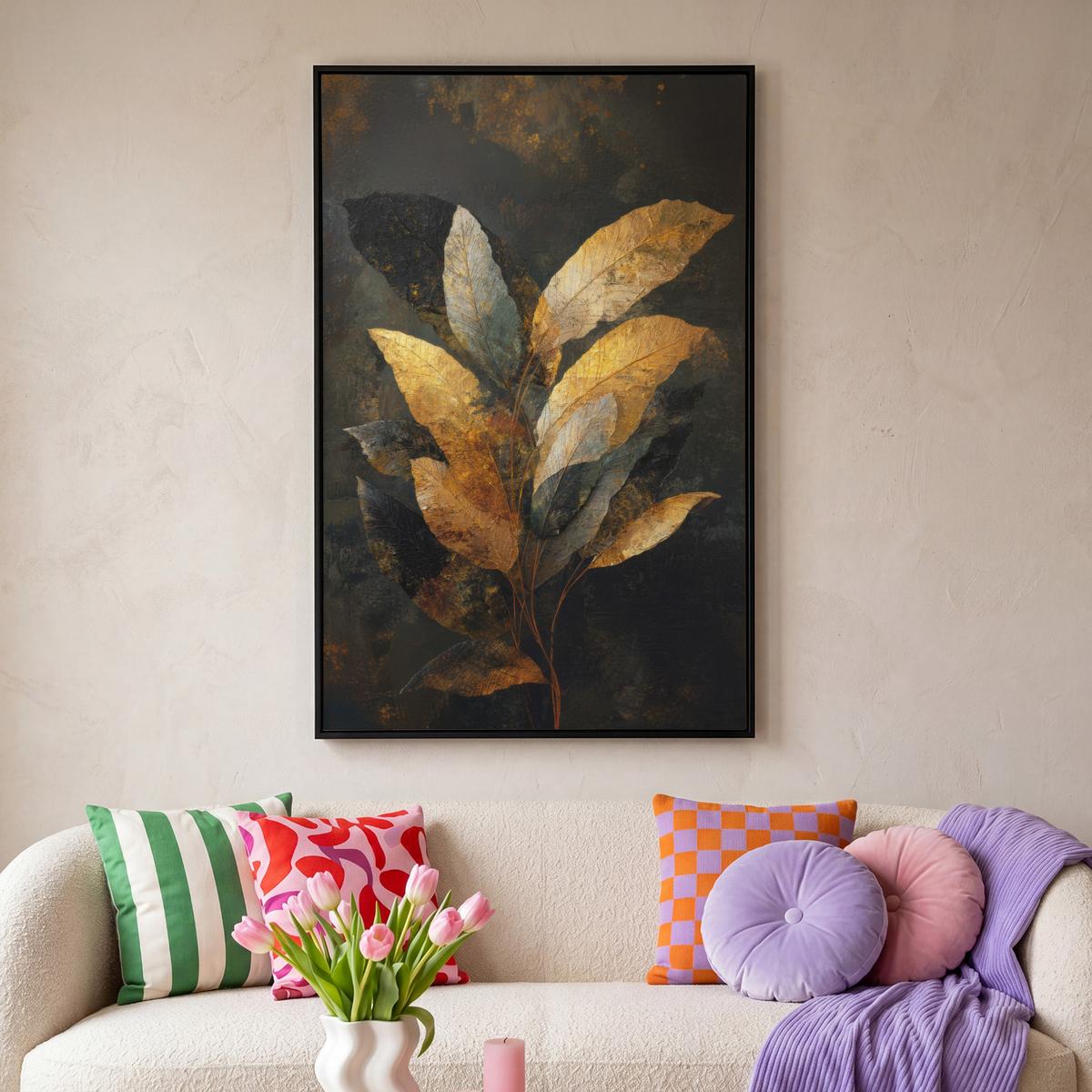LEINWAND Bilder mit Rahmen - Golden Leaf Komposition - Botanical Luxury - 100x150 - Goldfarben, Textil (100/150cm) - MuchoWow