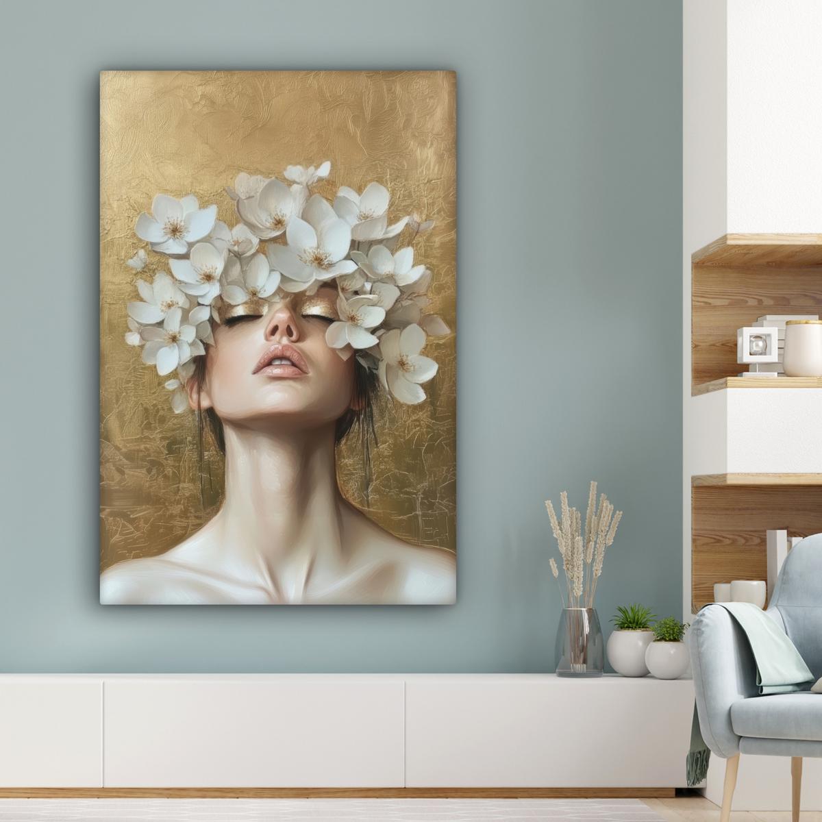 LEINWANDBILD Gesicht - Blumen - Gold - Abstrakt Deko Groß 90x140 cm - Goldfarben, Textil (90/140cm) - MuchoWow