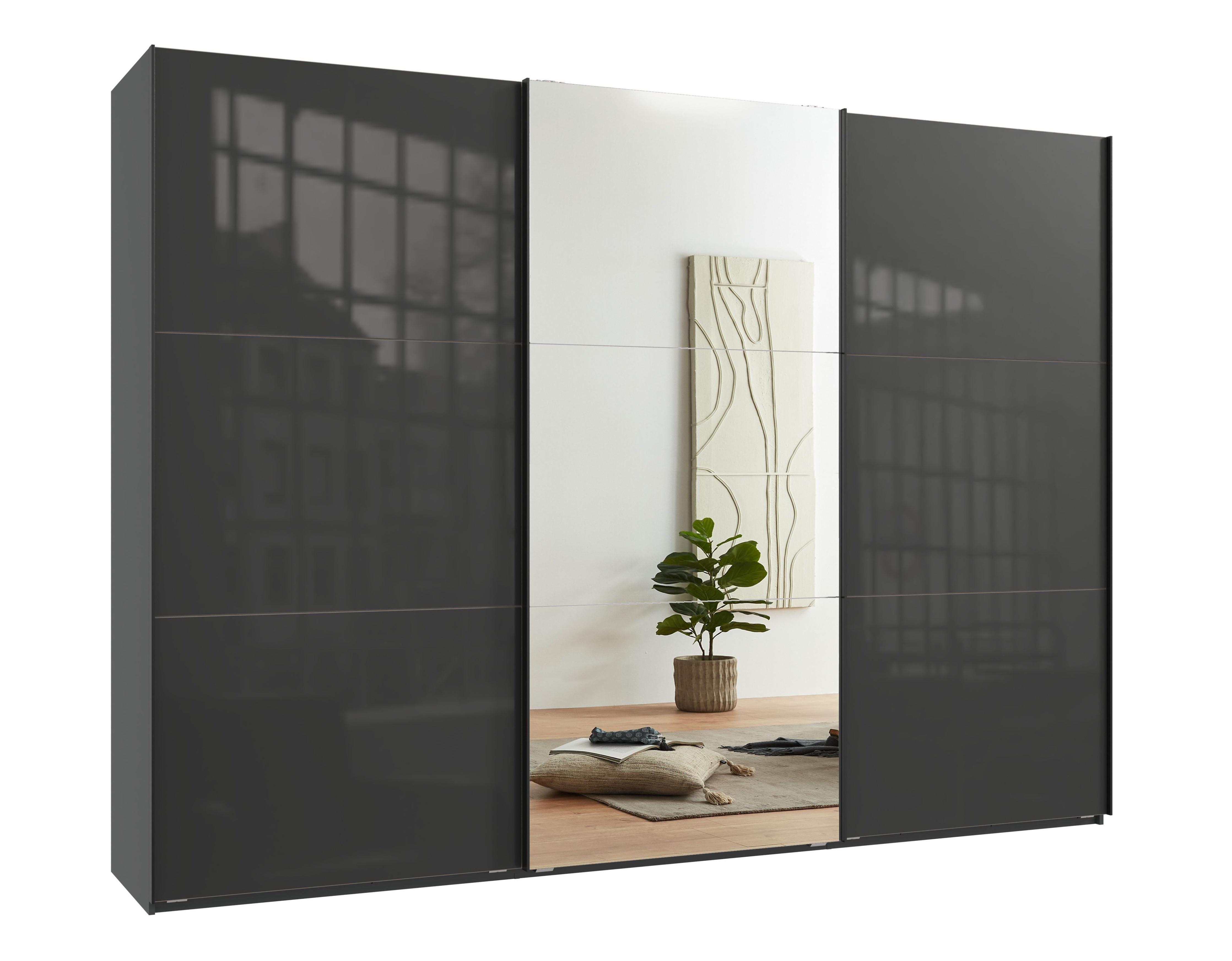 SCHWEBETÜRENSCHRANK 3-türig B300/H216/T65 cm in Anthrazit mit Glasfront, eine Spiegeltür, Kleiderschrank inkl. Vollausstattung / 22041 - Eichefarben/Anthrazit, Holzwerkstoff/Metall (300/216/65cm) - luma-home
