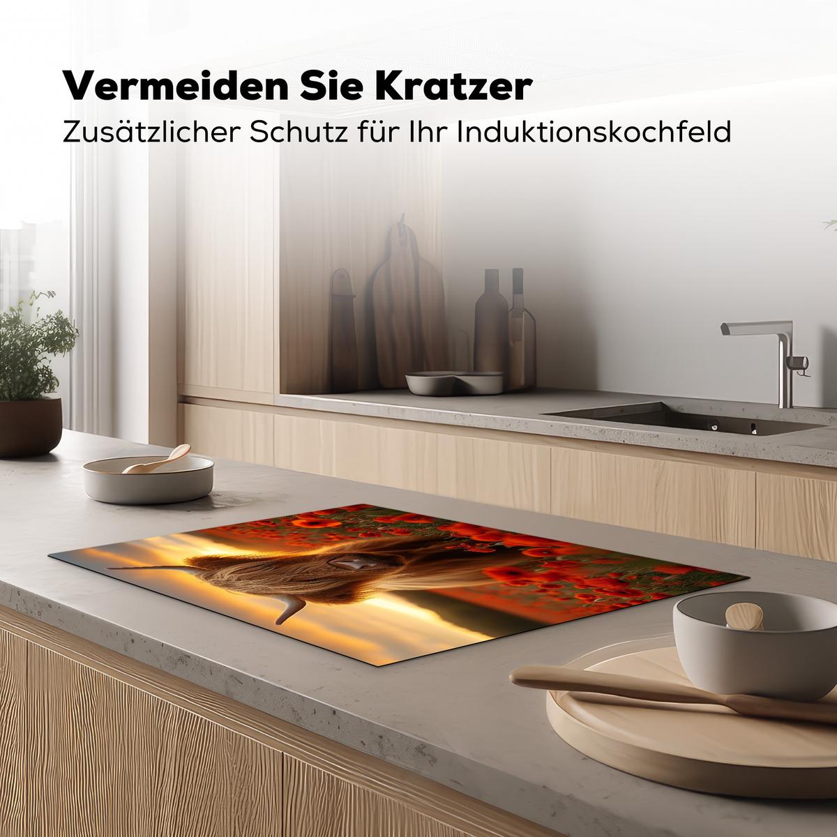 HERDABDECKPLATTE Schottische Highlander - Rosen - Blumenfeld - Sonnenuntergang Herdabdeckung Induktionsfeld 75x52 cm - Rotbraun, Kunststoff (75/52/0.2cm) - MuchoWow