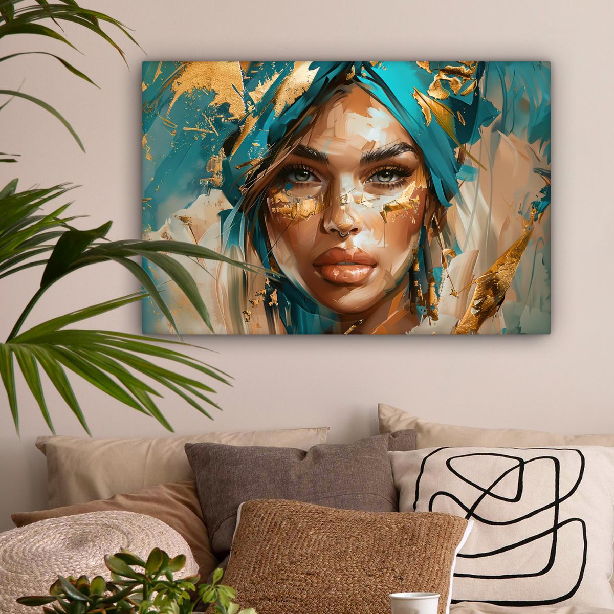LEINWANDBILD Frau - Porträt - Gold - Luxus - Blau Wanddeko 90x60 cm - Türkis, Textil (90/60cm) - MuchoWow