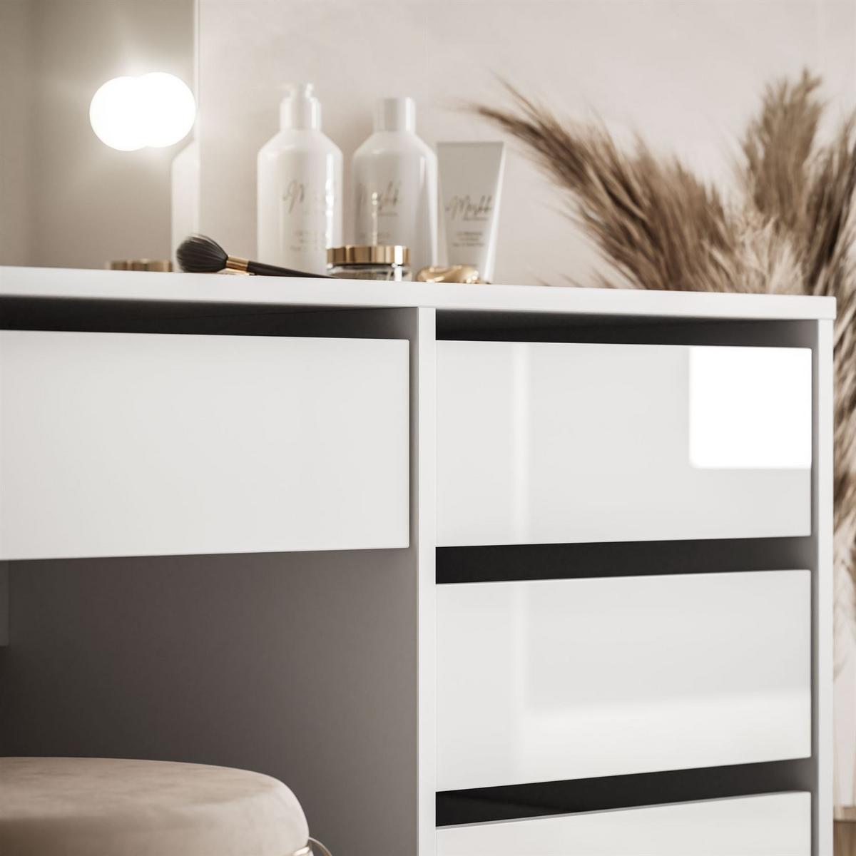 SCHMINKTISCH MADA DOUBLE ELITE mit Spiegel und Beleuchtung, Weiß hochglanz - Weiß, Holzwerkstoff (157/75/55cm) - Lookway