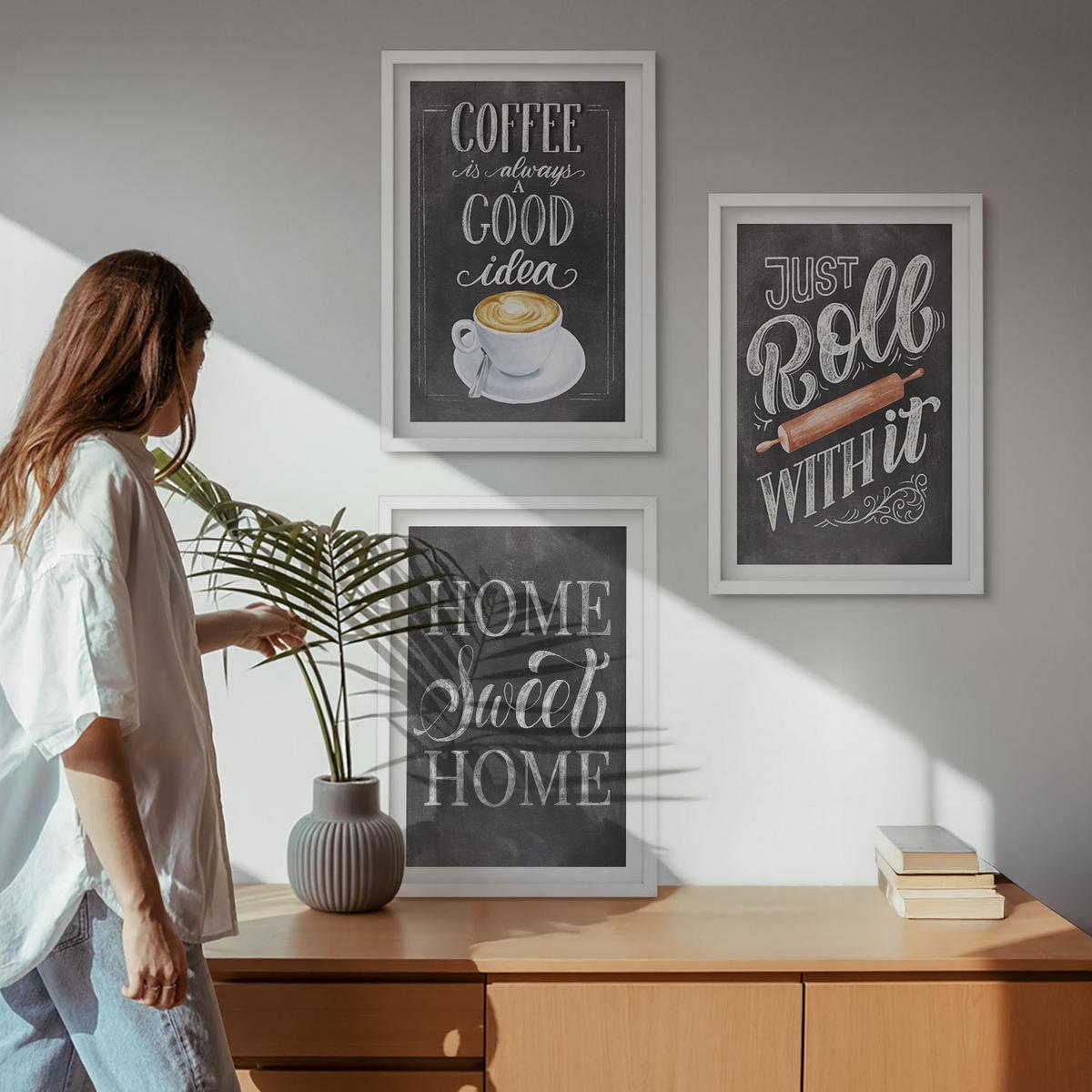 BILDER SET 3er Set - 40x60 cm Weißer Rahmen - Kaffeeroller, heimelige Wärme - Weiß, Kunststoff (40/60cm) - TULUP
