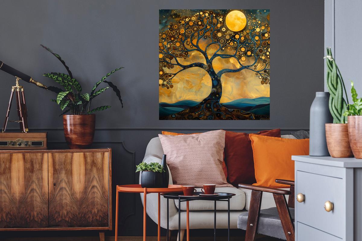 WANDTATTOO Baum - Mond - Blumen - Gold - Kunst Wanddeko 50x50 cm - Orange, Kunststoff (50/50/0.1cm) - MuchoWow