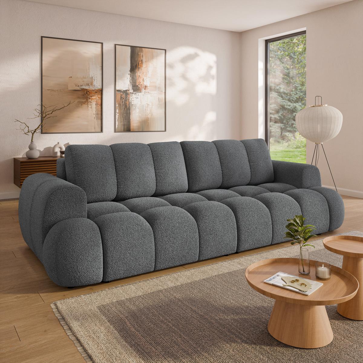 BETTSOFA DAFNE Grau Bucle-Stoff mit Schlaffunktion - Grau, Textil (300/88/113cm) - MASSENO
