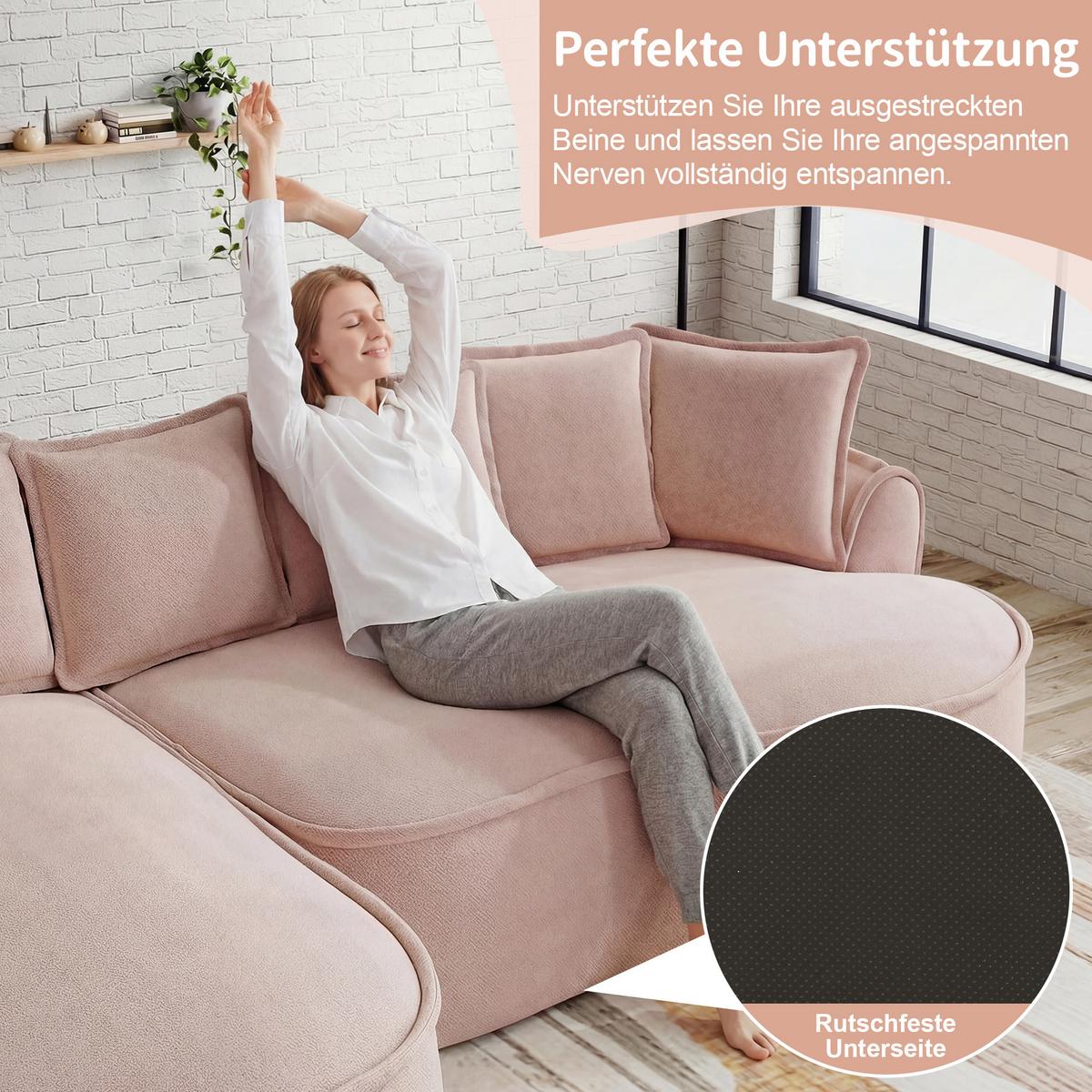 ECKSOFA chenille mit extra tiefer chaiselongue & rahmenlosem design - Pink, Textil (252/164cm) - Urban Meuble
