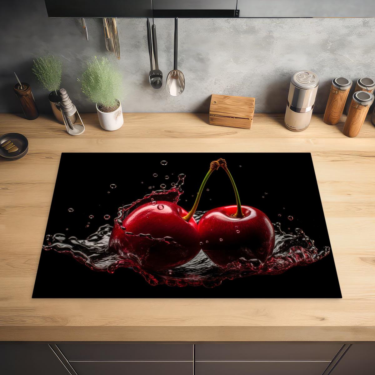 HERDABDECKPLATTE Kirsche - Rot - Frucht - Wasser - Schwarz Ceranfeldabdeckung 76x51.5 cm - Kirschrot, Kunststoff (76/51.5/0.2cm) - MuchoWow