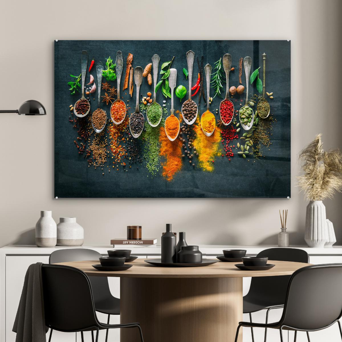 ACRYLGLASBILD Kräuter - Gewürze - Löffel Room Decor 90x60 cm - Currygelb, Glas (90/60cm) - MuchoWow