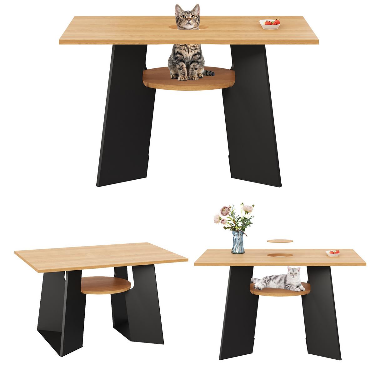 ESSTISCH Haustierfreundlich Holz-Schwarz mit Ablage & Katzenbereich - Weiß, Holzwerkstoff (85/130/75cm) - Urban Meuble