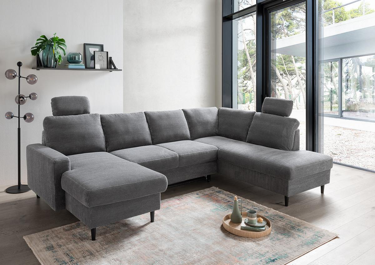 WOHNLANDSCHAFT mit Schlaffunktion Bettkasten Wellenunterfederung, 2 Kopfstützen, U-Form B305/T200/H88 cm, Cord Dunkelgrau / 17206 - Dunkelgrau/Anthrazit, Holz/Textil (305/88/200cm) - luma-home
