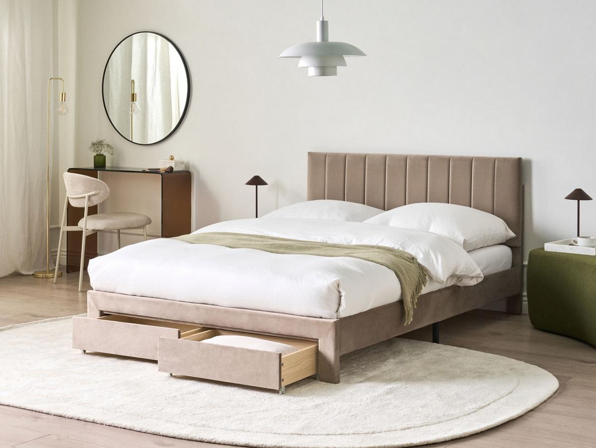 BETT mit Schubladen 140/200 cm Samtstoff Taupe Lonzac - Taupe, Textil (140/200cm) - Beliani
