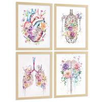 POSTER Set aus 4 Anatomie Mensch Drucke und mit Herz Gehirn Lungen Luftröhre Bronchien Wirbelsäule Florales Aquarell Design Leichter Holzrahmen A3 - Beige, Papier (29.7/42/3cm) - Nacnic