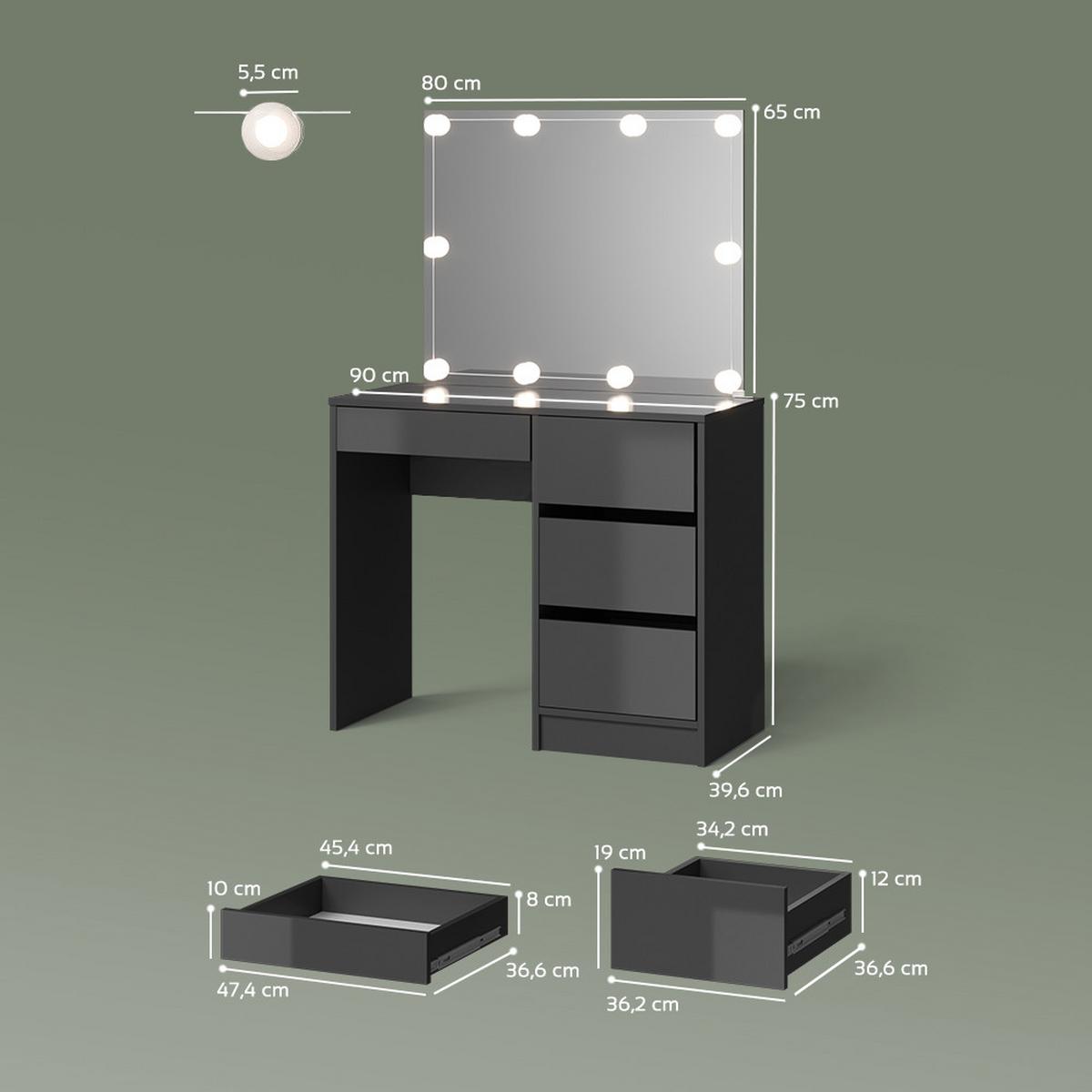 SCHMINKTISCH Imola Anthrazit 90 cm mit Spiegel & LED-Beleuchtung - Anthrazit, Holzwerkstoff (90/75/40cm) - Livinity®