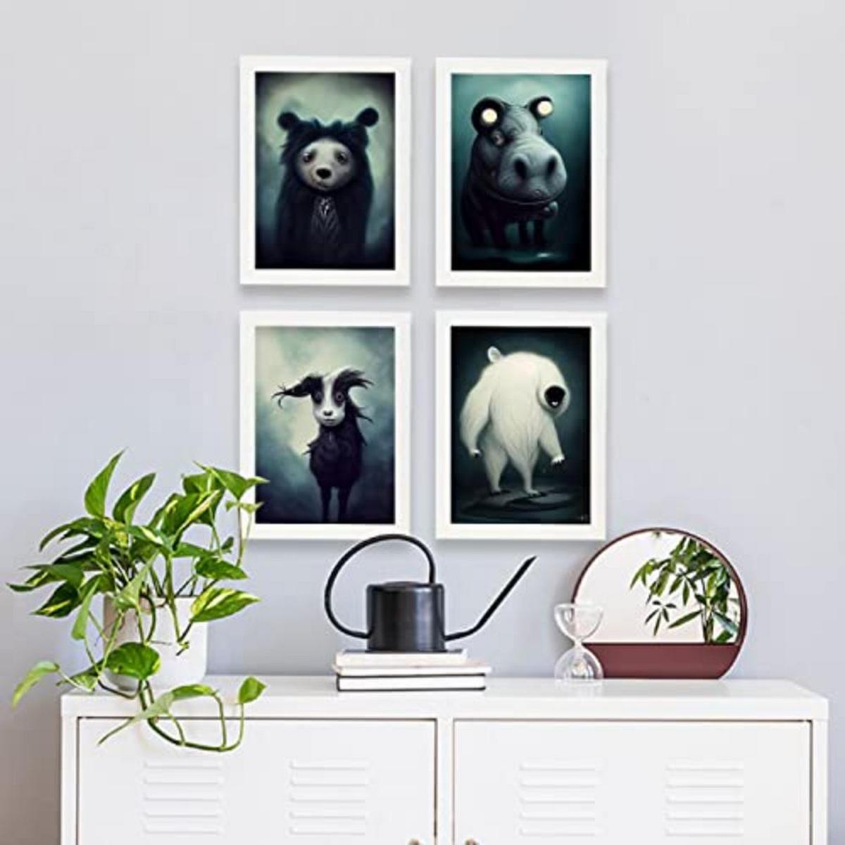 POSTER Set mit 4 Grässlich Tier im T Burton Goth Stil A3 Weißer Rahmen - Weiß, Papier (29.7/3cm) - Nacnic