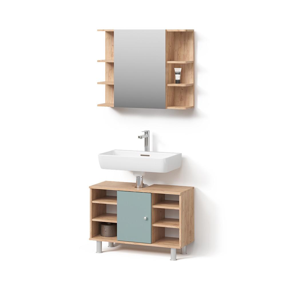 BADMÖBEL-SET Fucino Grün 2 Teile, Unterschrank 80 cm - Grün, Holzwerkstoff (60/54/32cm) - Livinity®