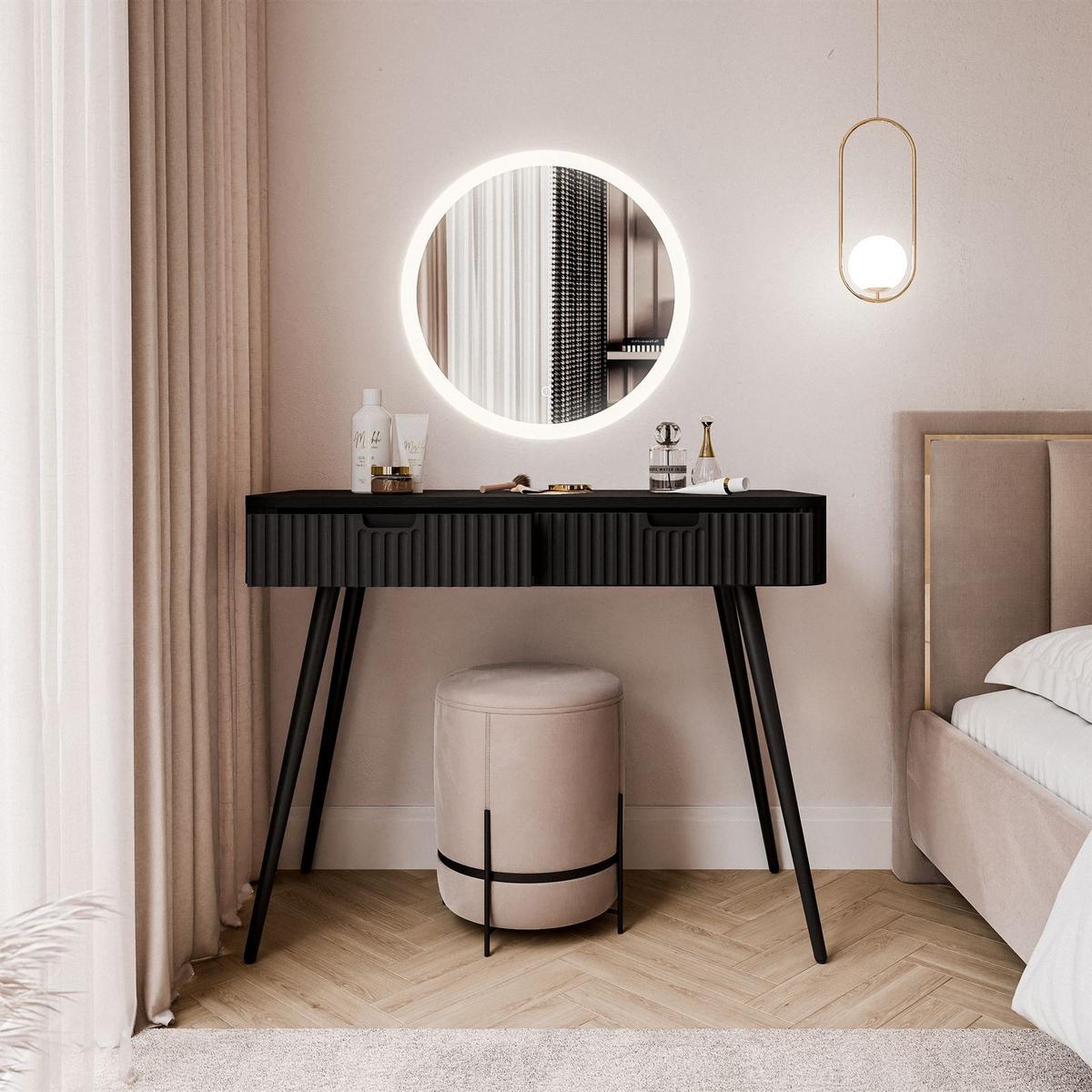 SCHMINKTISCH ZAIRA mit LED Spiegel Schwarz - Schwarz, Holzwerkstoff (103/80/49cm) - Lookway