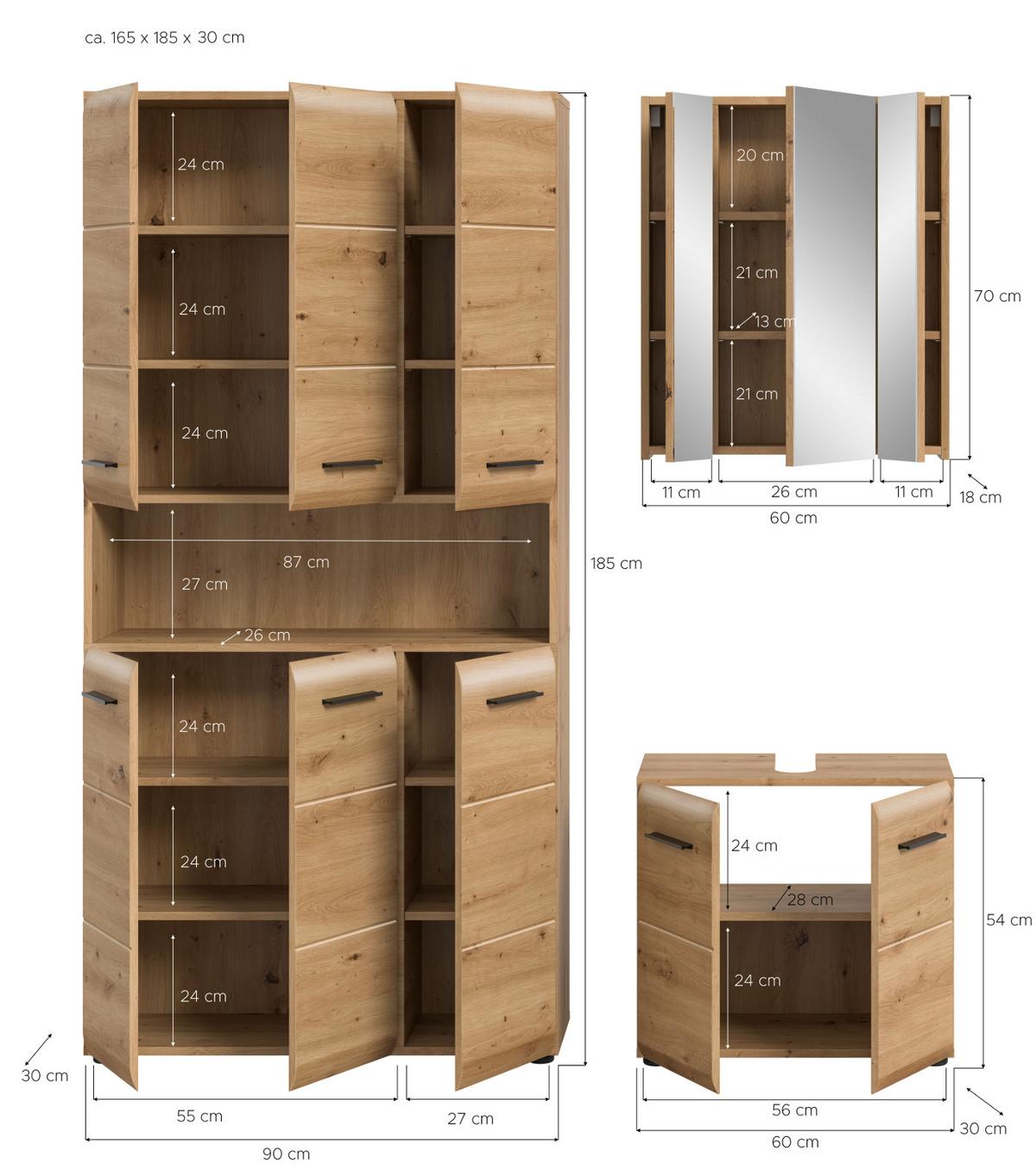 BADMÖBEL-SET in Artisan Eiche, Badezimmer 3-teilig 165 cm mit 6-türigem Hochschrank - Eichefarben/Schwarz, Glas/Holzwerkstoff (165/185/30cm) - Inn.Furn