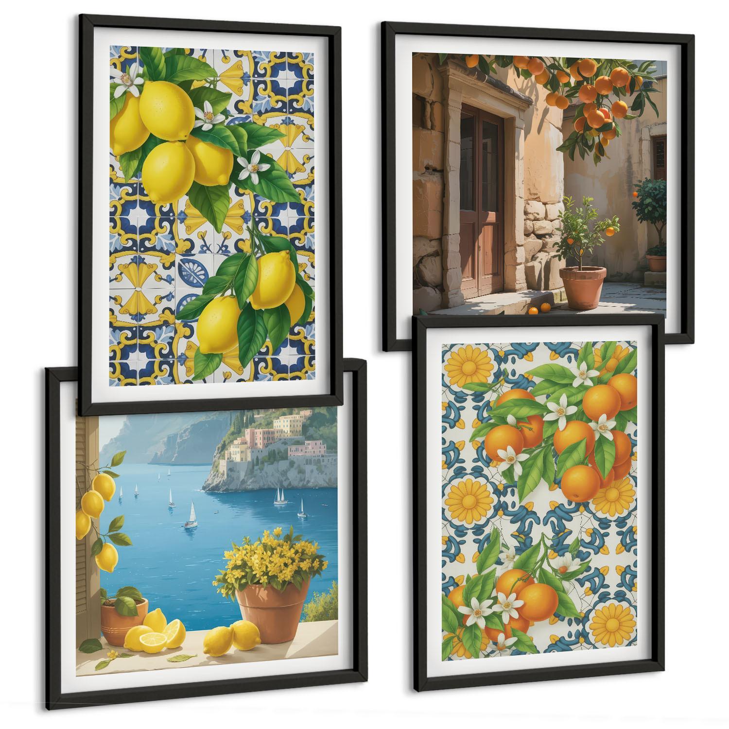 BILDER SET 4er Set - 50x50 cm & 40x60 cm Schwarzer Rahmen - Zitronen, Blumen, Orangen, Italien - Schwarz, Kunststoff (50/50cm) - TULUP