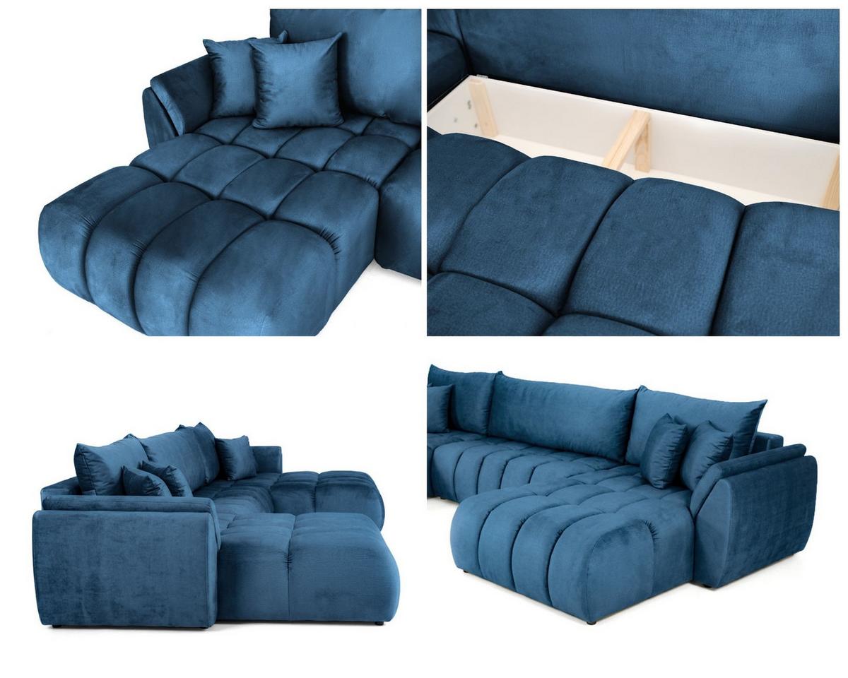 ECKSOFA Iris U mit Schlaffunktion und Bettkasten, U-Form – Dunkelblau Samt 382/184/85 cm - Blau/Schwarz, Kunststoff/Textil (382/184cm) - WFL GROUP