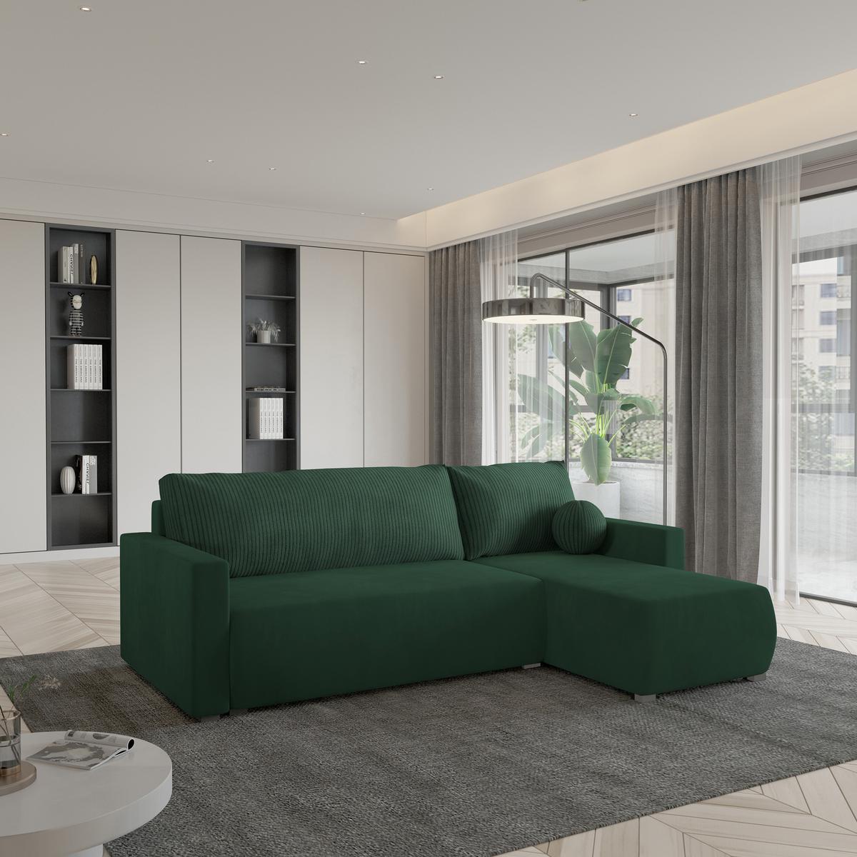 ECKSOFA SORGE Grün Plüsch-Stoff mit Schlaffunktion - Grün, Holz (220/143cm) - MASSENO