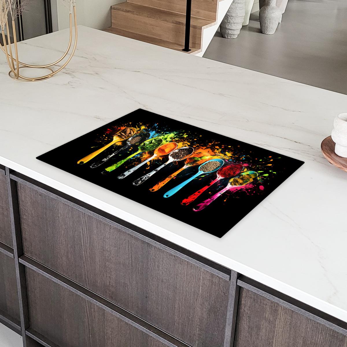 HERDABDECKPLATTE Löffel - Gewürze - Modern - Graffiti - Farbe - Farbenfroh Ceranfeldabdeckung 80x52 cm - Multicolor, Kunststoff (80/52/0.2cm) - MuchoWow