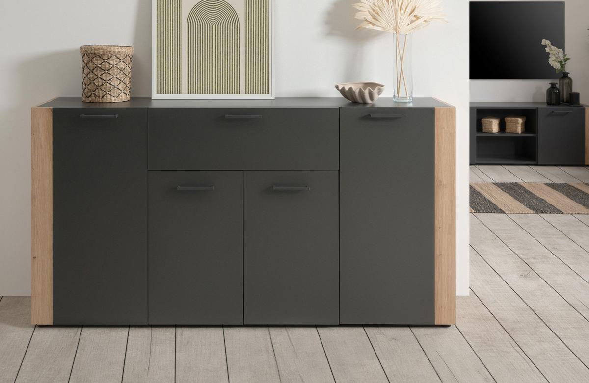 SIDEBOARD grau, Artisan Eiche 162 x 85 cm, Kommode 4-türig - Anthrazit/Schwarz, Holzwerkstoff/Kunststoff (162/85/34.5cm) - Furn.Design