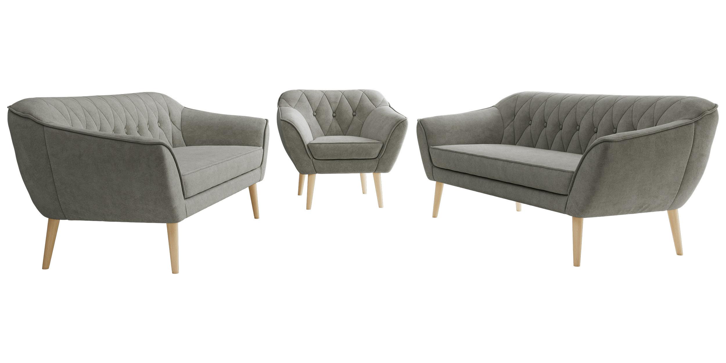 SITZGARNITUR PIRS 3+3+1 - Grau Strukture - Holzbeine - Platinfarben/Buchefarben, Holzwerkstoff/Textil (180/75/74cm) - MKS