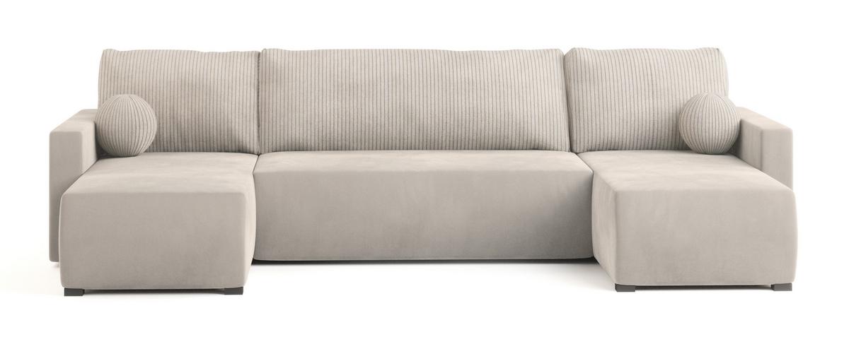 WOHNLANDSCHAFT TESSUN Creme Plüsch-Stoff mit Schlaffunktion - Creme, Holz (286/85/143cm) - MASSENO