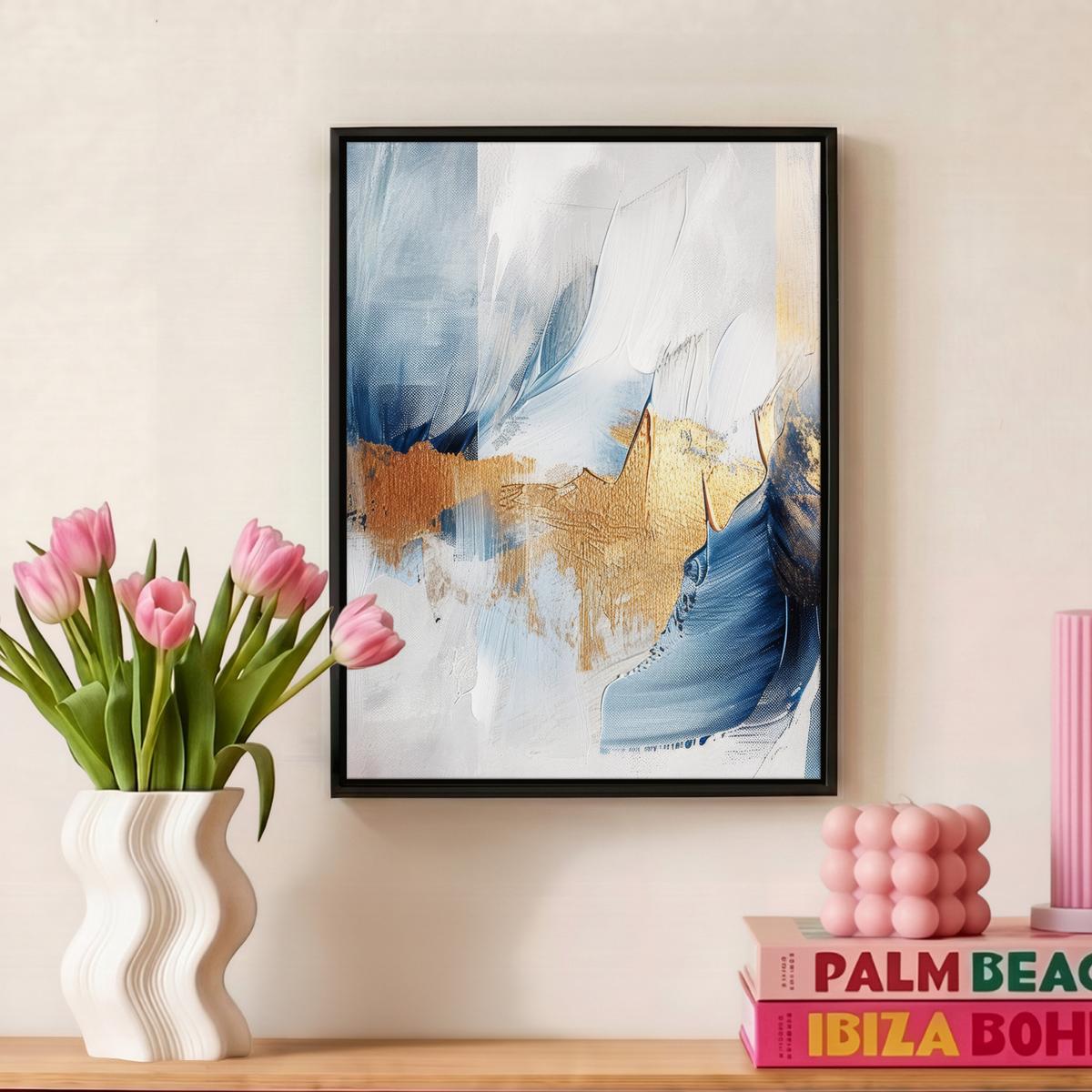 LEINWAND Bilder mit Rahmen - Gold - Blau - Aquarell - Kunst - Modern - 30x40 - Hellblau, Textil (30/40cm) - MuchoWow